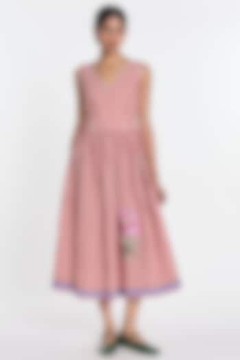 Red & Ivory Handloom Cotton Linen Floral Embroidered Midi Vacation Dress by Payal Pratap at Pernia's Pop Up Shop