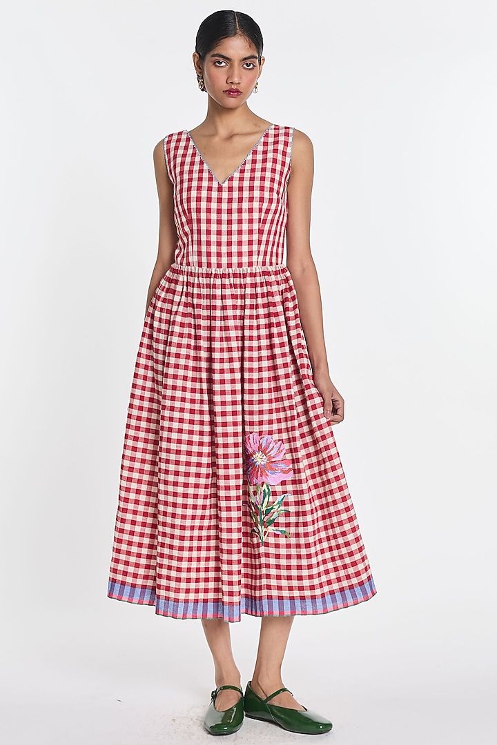 Red & Ivory Handloom Cotton Linen Floral Embroidered Midi Vacation Dress by Payal Pratap at Pernia's Pop Up Shop