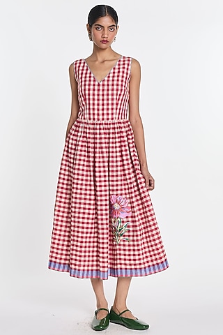 Red & Ivory Handloom Cotton Linen Floral Embroidered Midi Dress by Payal Pratap