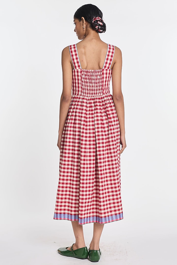 Red & Ivory Handloom Cotton Linen Floral Embroidered Midi Vacation Dress by Payal Pratap at Pernia's Pop Up Shop