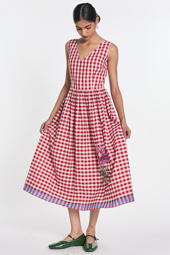 Red & Ivory Handloom Cotton Linen Floral Embroidered Midi Vacation Dress by Payal Pratap at Pernia's Pop Up Shop