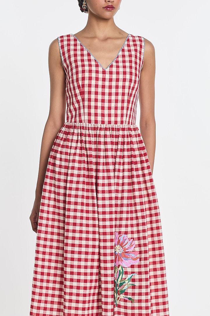 Red & Ivory Handloom Cotton Linen Floral Embroidered Midi Vacation Dress by Payal Pratap at Pernia's Pop Up Shop