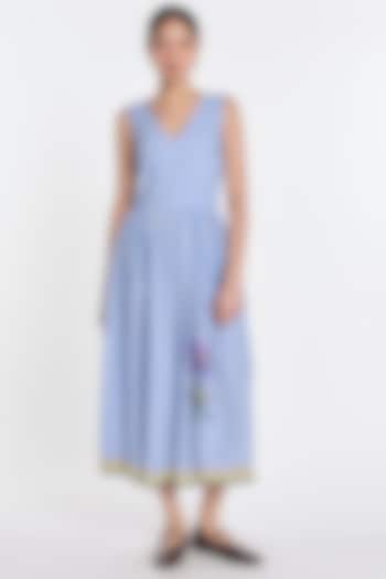 Blue & Ivory Handloom Cotton Linen Floral Embroidered Midi Vacation Dress by Payal Pratap at Pernia's Pop Up Shop