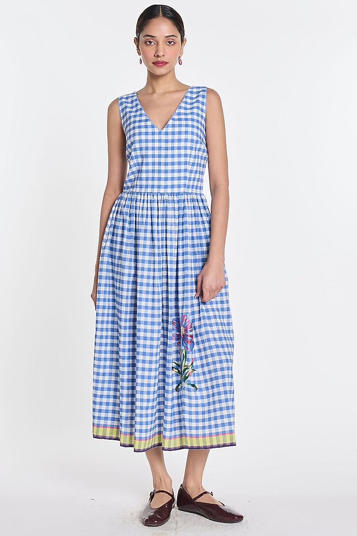 Blue & Ivory Handloom Cotton Linen Floral Embroidered Midi Vacation Dress by Payal Pratap at Pernia's Pop Up Shop