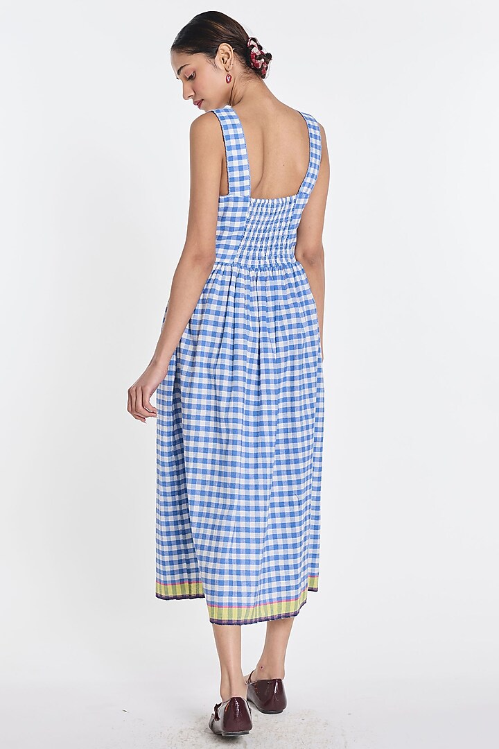 Blue & Ivory Handloom Cotton Linen Floral Embroidered Midi Vacation Dress by Payal Pratap at Pernia's Pop Up Shop