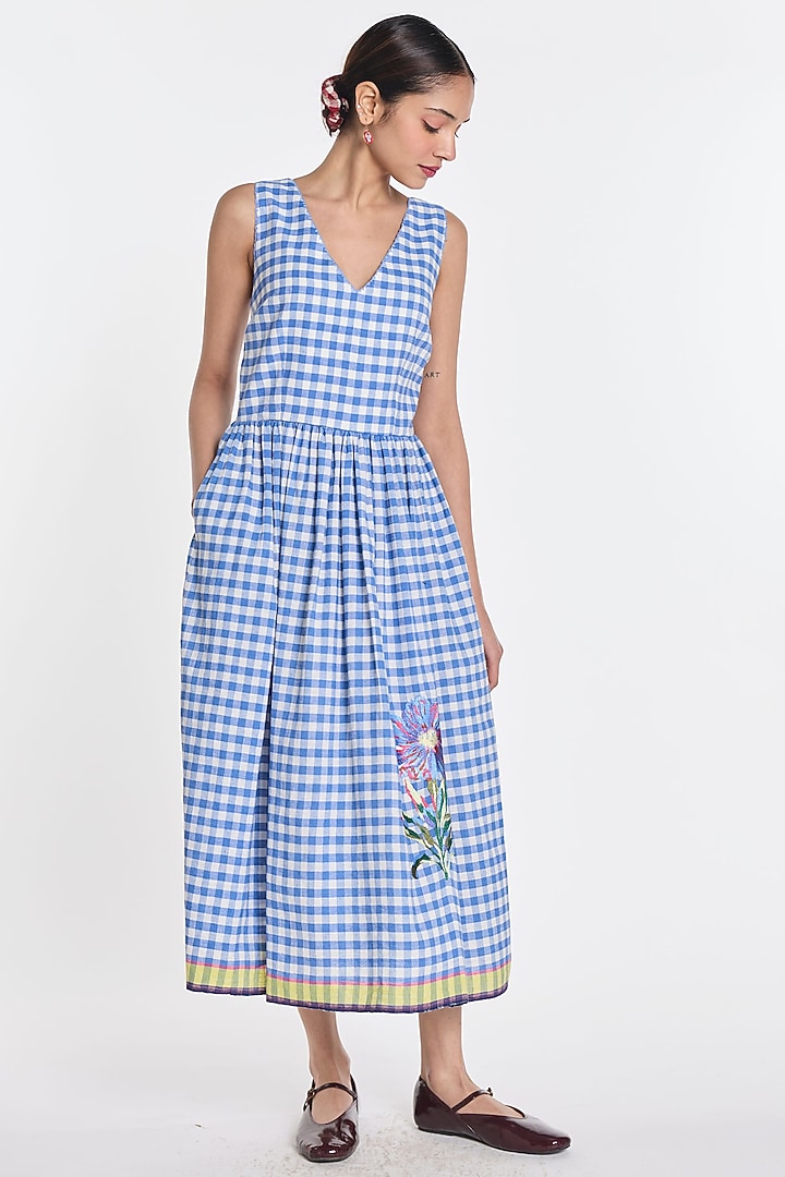 Blue & Ivory Handloom Cotton Linen Floral Embroidered Midi Vacation Dress by Payal Pratap at Pernia's Pop Up Shop