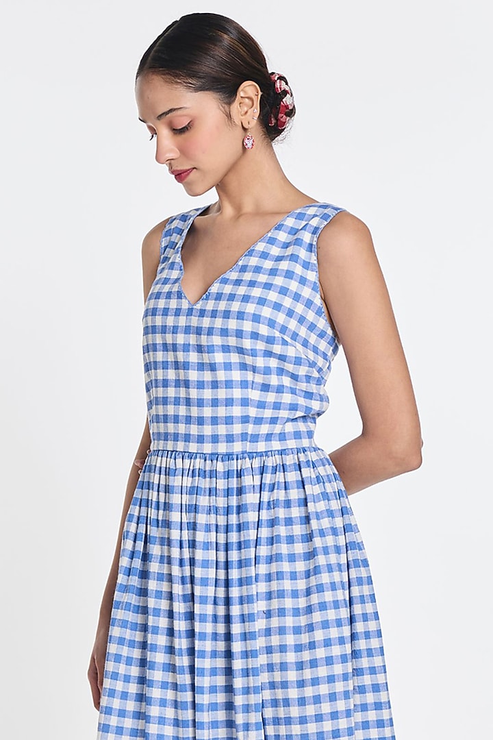 Blue & Ivory Handloom Cotton Linen Floral Embroidered Midi Vacation Dress by Payal Pratap at Pernia's Pop Up Shop