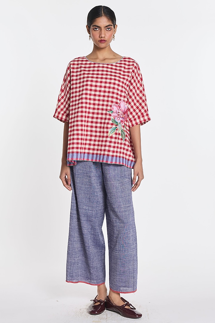 Red & Ivory Handloom Cotton Linen Checkered Top by Payal Pratap at Pernia's Pop Up Shop