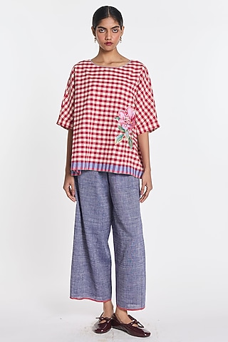 Red & Ivory Handloom Cotton Linen Checkered Top by Payal Pratap