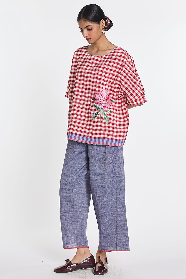 Red & Ivory Handloom Cotton Linen Checkered Top by Payal Pratap at Pernia's Pop Up Shop