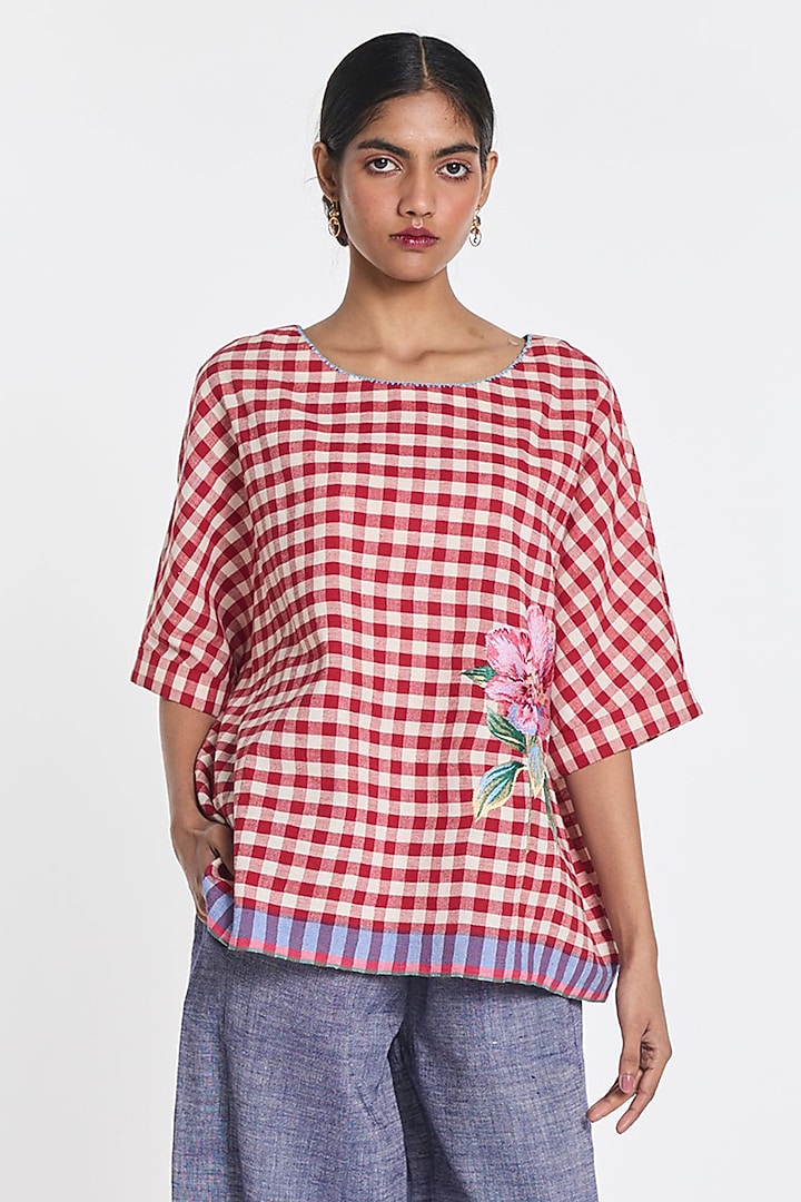 Red & Ivory Handloom Cotton Linen Checkered Top by Payal Pratap at Pernia's Pop Up Shop