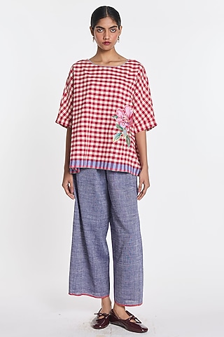 Blue Cotton Linen Wide-Leg Trousers by Payal Pratap