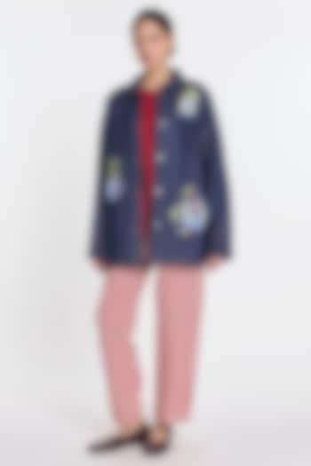 Blue Denim Floral Embroidered Jacket by Payal Pratap at Pernia's Pop Up Shop