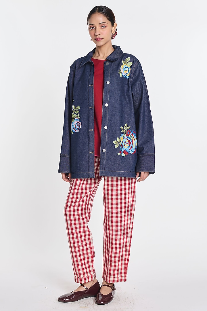 Blue Denim Floral Embroidered Jacket by Payal Pratap at Pernia's Pop Up Shop
