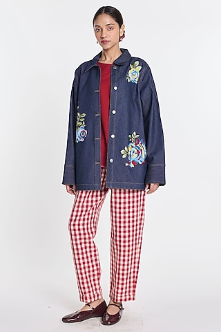 Blue Denim Floral Embroidered Jacket by Payal Pratap