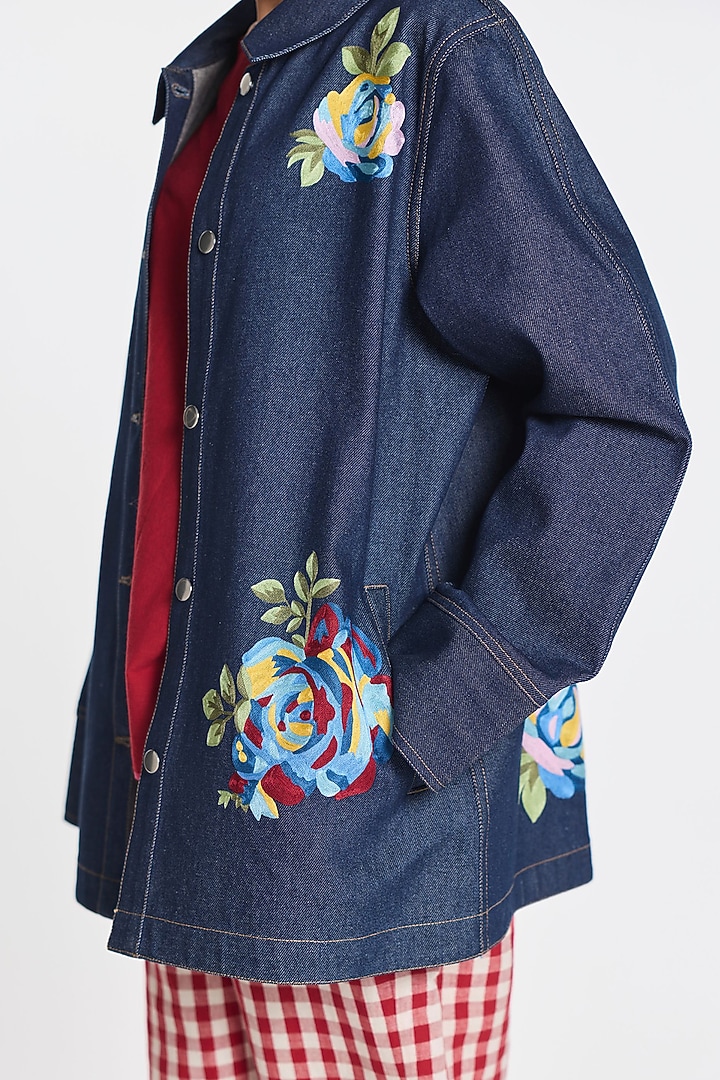 Blue Denim Floral Embroidered Jacket by Payal Pratap at Pernia's Pop Up Shop