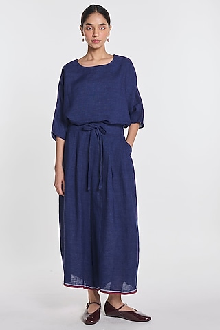 Blue Linen Wide-Leg Trousers by Payal Pratap