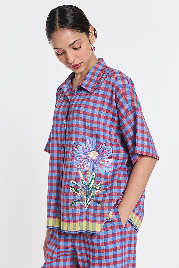 Purple Handloom Cotton Linen Gingham Shirt by Payal Pratap at Pernia's Pop Up Shop