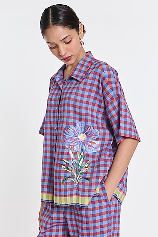 Purple Handloom Cotton Linen Gingham Shirt by Payal Pratap