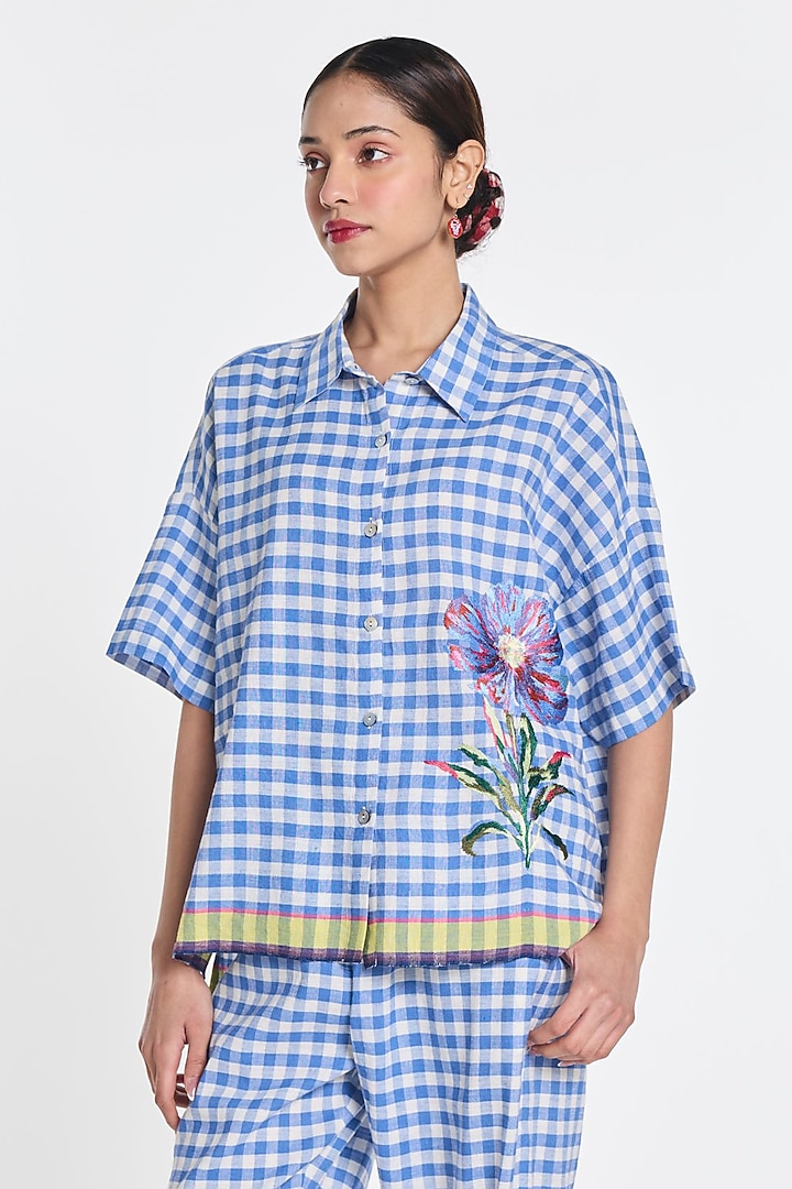 Blue & Ivory Handloom Cotton Linen Gingham Shirt by Payal Pratap at Pernia's Pop Up Shop