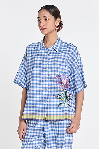 Blue & Ivory Handloom Cotton Linen Gingham Shirt by Payal Pratap