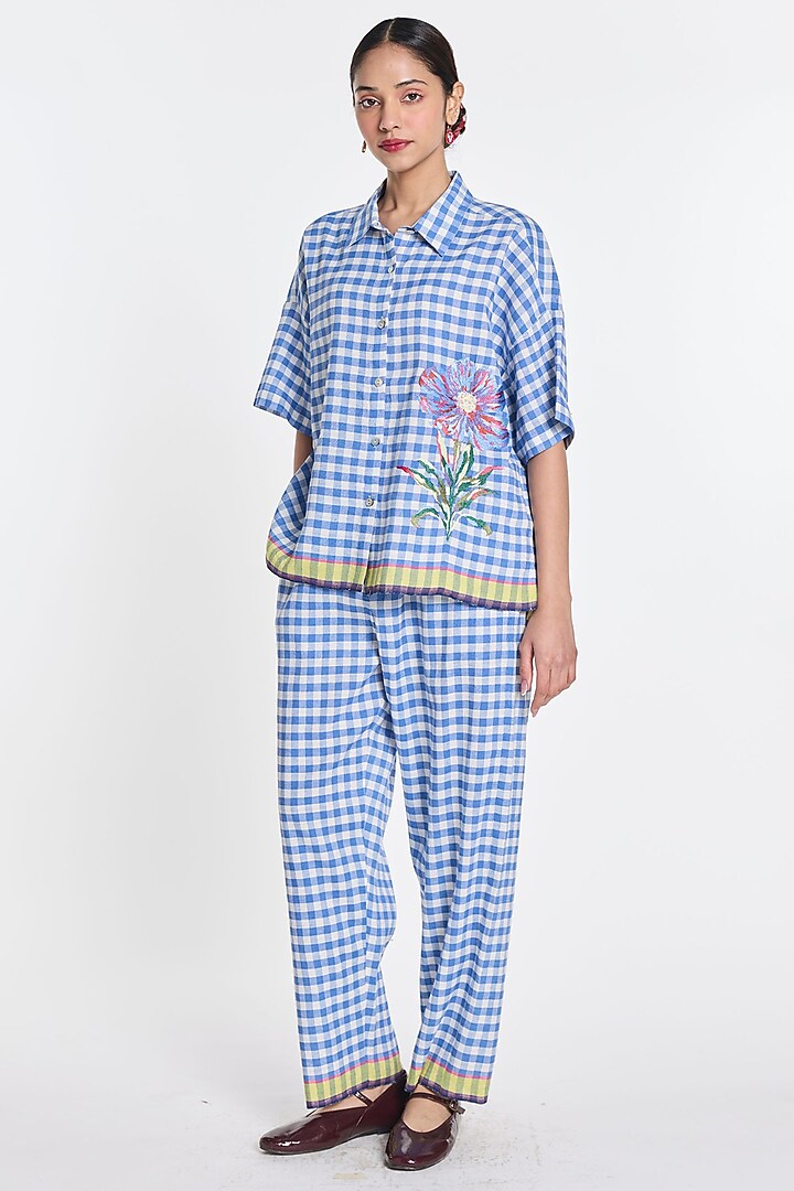 Blue & Ivory Handloom Cotton Linen Gingham Shirt by Payal Pratap at Pernia's Pop Up Shop
