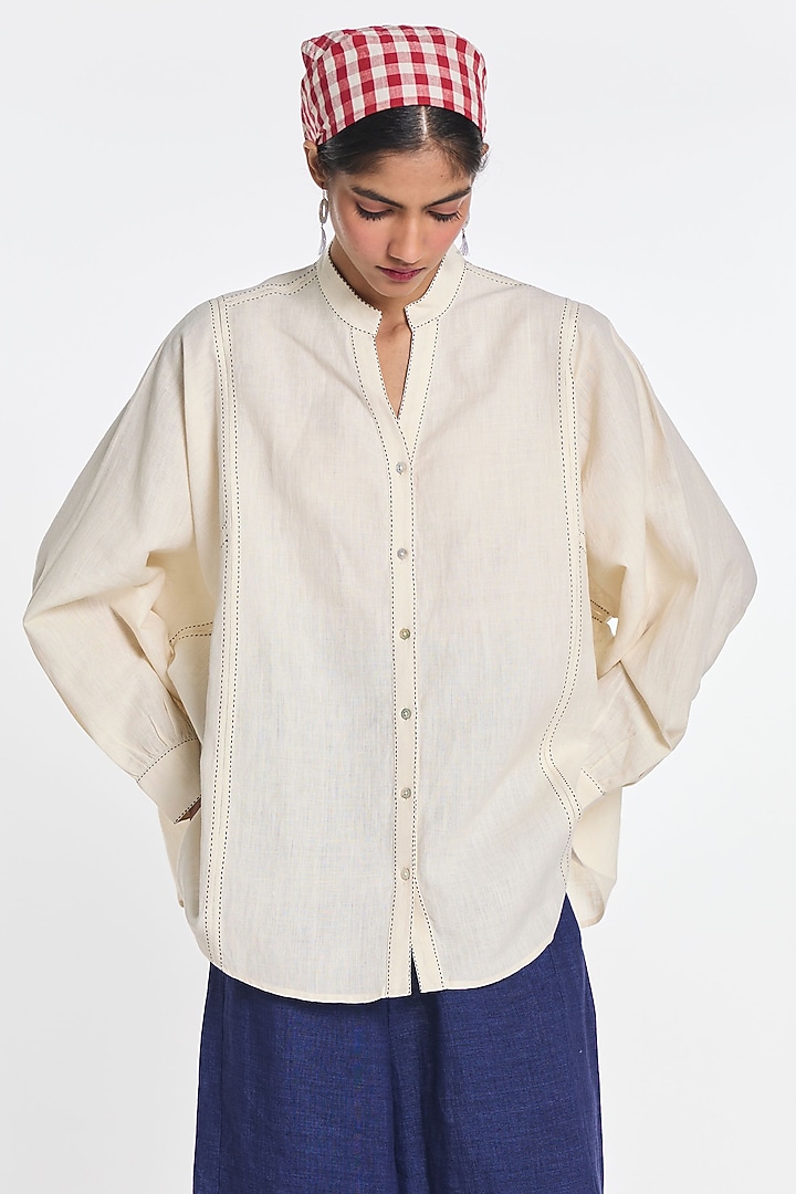 Ivory Cotton Linen Button-Down Shirt by Payal Pratap at Pernia's Pop Up Shop