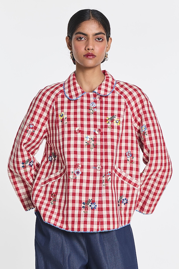 Red & Ivory Cotton Linen Gingham Jacket by Payal Pratap at Pernia's Pop Up Shop