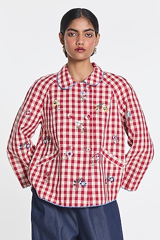 Red & Ivory Cotton Linen Gingham Jacket by Payal Pratap
