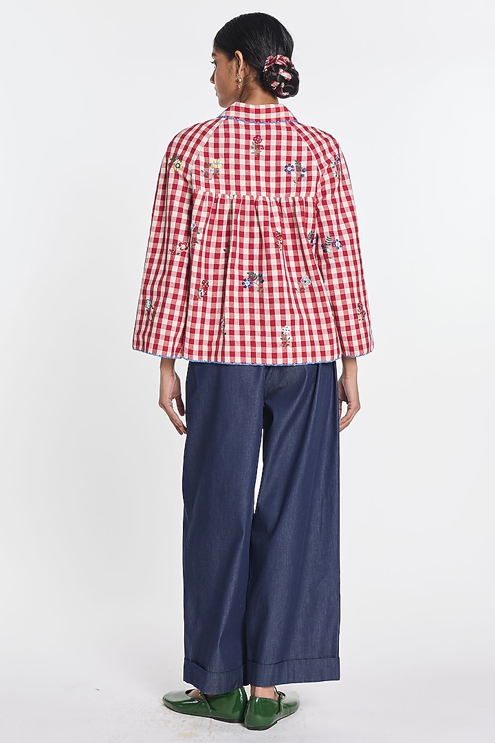 Red & Ivory Cotton Linen Gingham Jacket by Payal Pratap at Pernia's Pop Up Shop
