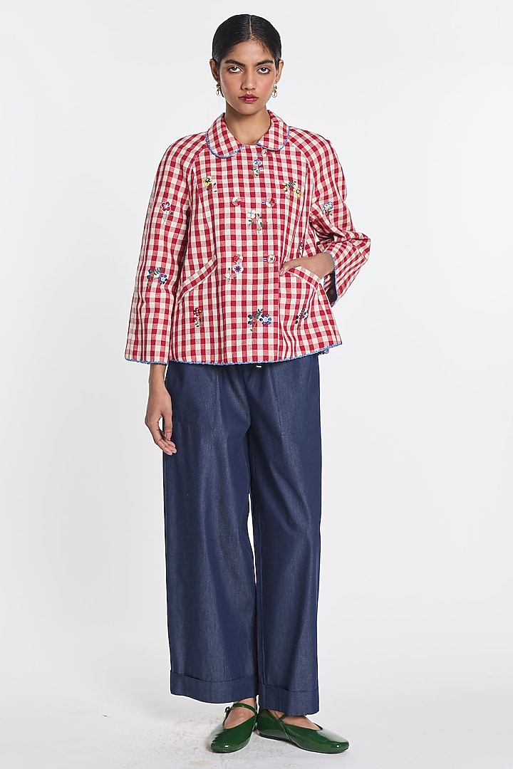 Red & Ivory Cotton Linen Gingham Jacket by Payal Pratap at Pernia's Pop Up Shop