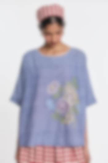 Blue Melange Handloom Linen Floral Embroidered Top by Payal Pratap at Pernia's Pop Up Shop