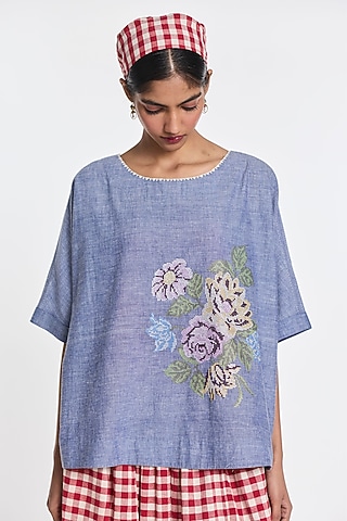 Blue Melange Handloom Linen Floral Embroidered Top by Payal Pratap