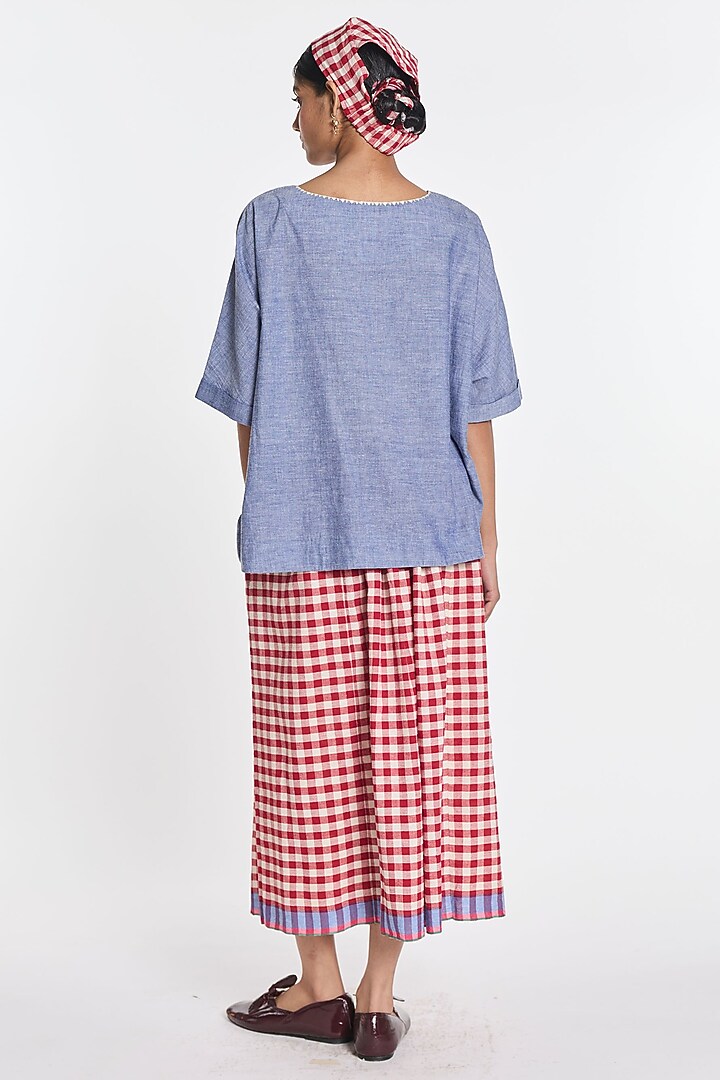 Blue Melange Handloom Linen Floral Embroidered Top by Payal Pratap at Pernia's Pop Up Shop