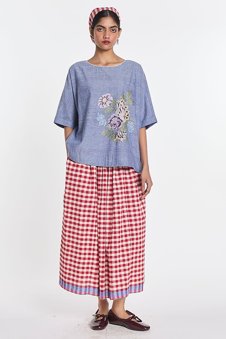 Blue Melange Handloom Linen Floral Embroidered Top by Payal Pratap at Pernia's Pop Up Shop