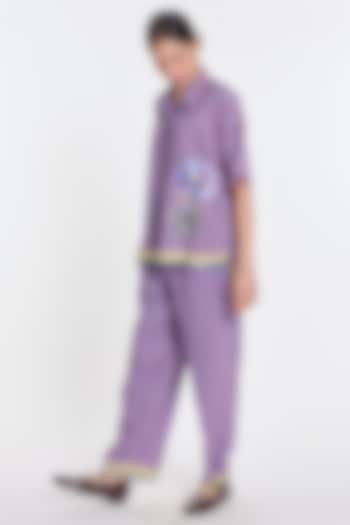 Purple Handloom Cotton Linen Gingham Straight Trousers by Payal Pratap at Pernia's Pop Up Shop
