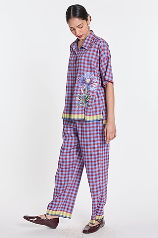 Purple Handloom Cotton Linen Gingham Straight Trousers by Payal Pratap