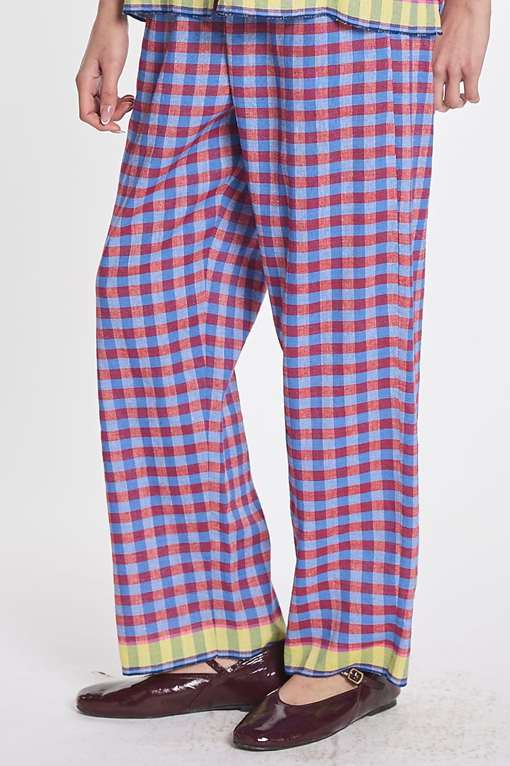 Purple Handloom Cotton Linen Gingham Straight Trousers by Payal Pratap at Pernia's Pop Up Shop