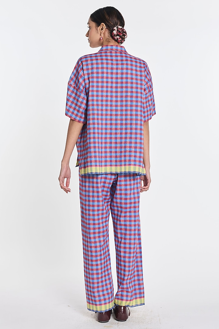 Purple Handloom Cotton Linen Gingham Straight Trousers by Payal Pratap at Pernia's Pop Up Shop