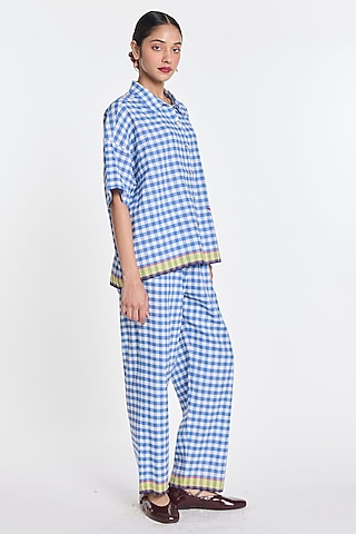 Blue Handloom Cotton Linen Gingham Straight Trousers by Payal Pratap