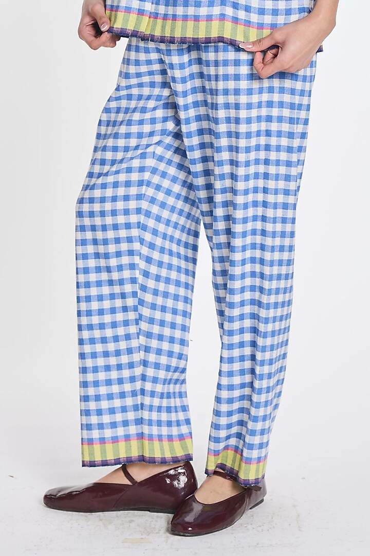 Blue Handloom Cotton Linen Gingham Straight Trousers by Payal Pratap at Pernia's Pop Up Shop