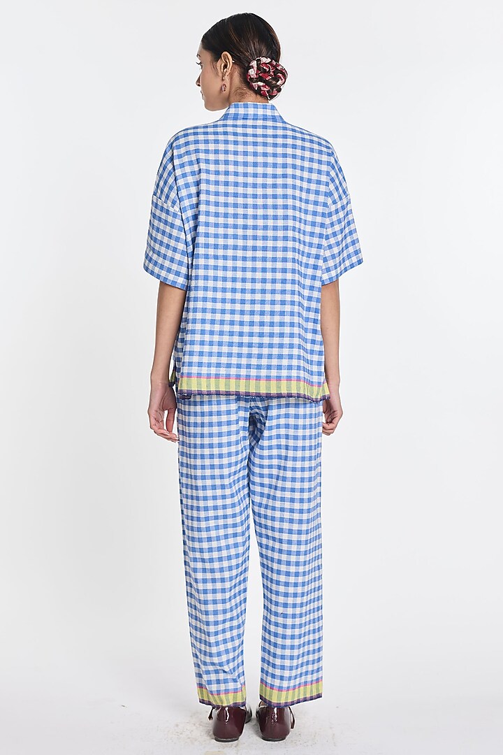 Blue Handloom Cotton Linen Gingham Straight Trousers by Payal Pratap at Pernia's Pop Up Shop
