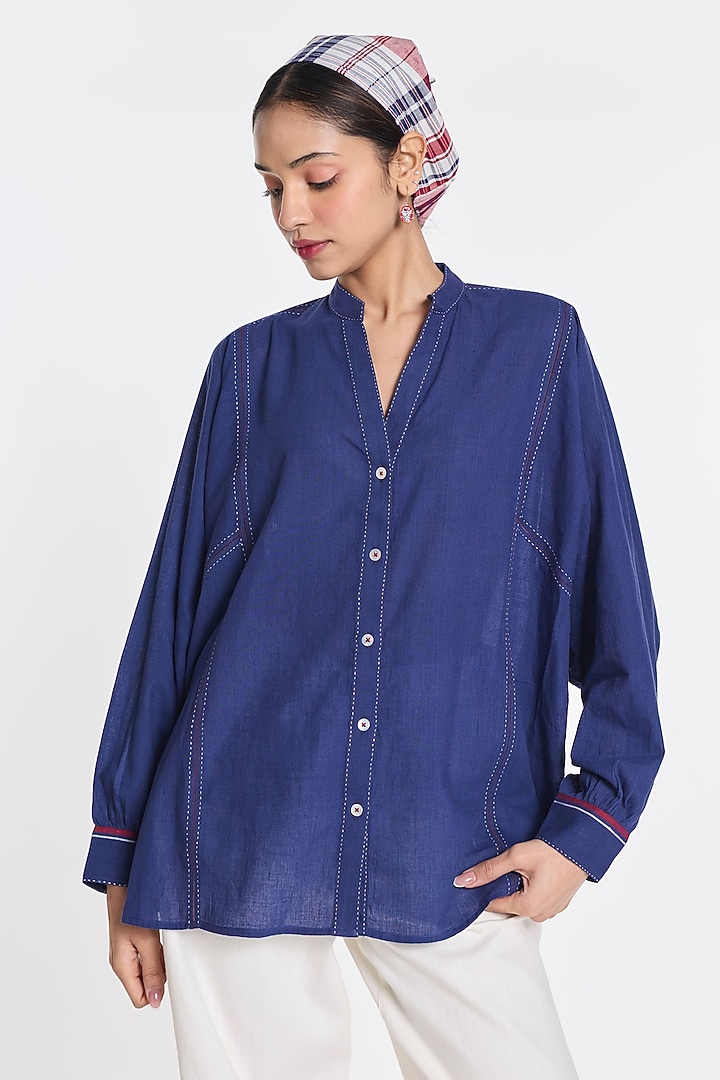 Navy Blue Handloom Cotton Linen Button-Down Shirt by Payal Pratap at Pernia's Pop Up Shop
