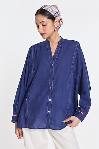 Navy Blue Handloom Cotton Linen Button-Down Shirt by Payal Pratap