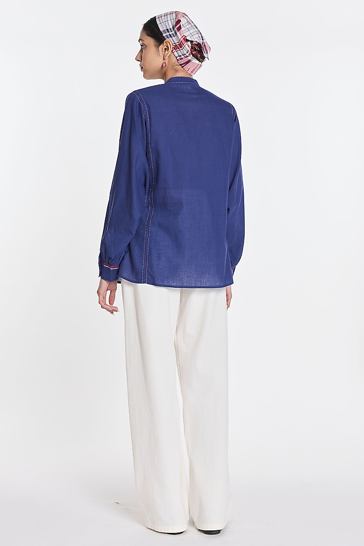 Navy Blue Handloom Cotton Linen Button-Down Shirt by Payal Pratap at Pernia's Pop Up Shop