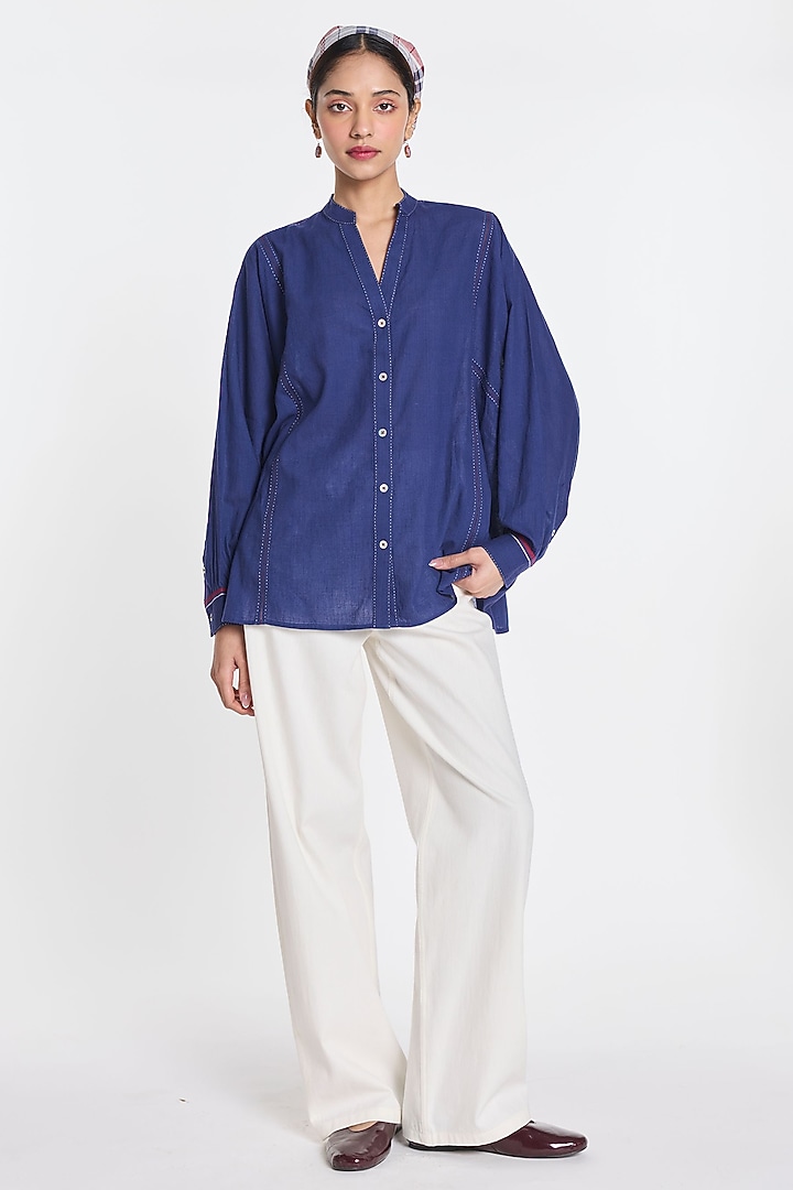 Navy Blue Handloom Cotton Linen Button-Down Shirt by Payal Pratap at Pernia's Pop Up Shop