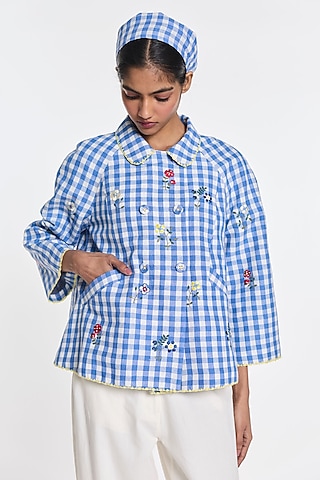 Blue & Ivory Cotton Linen Gingham Jacket by Payal Pratap