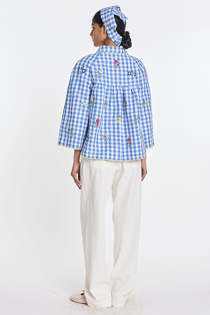 Blue & Ivory Cotton Linen Gingham Jacket by Payal Pratap at Pernia's Pop Up Shop
