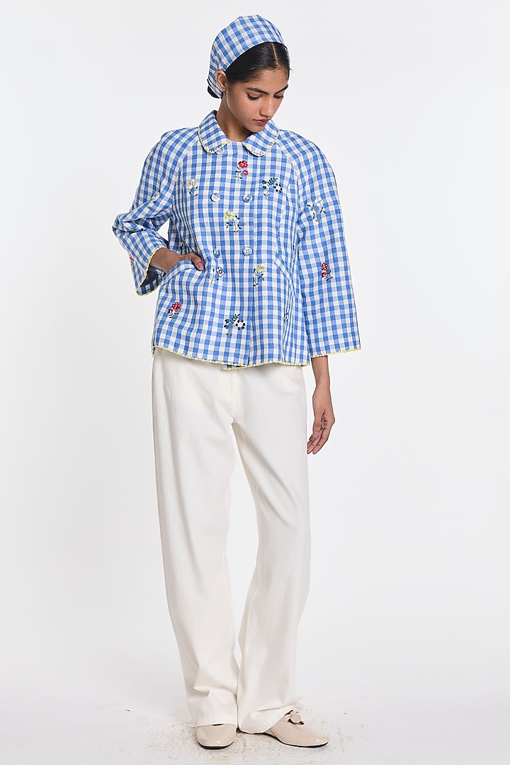 Blue & Ivory Cotton Linen Gingham Jacket by Payal Pratap at Pernia's Pop Up Shop