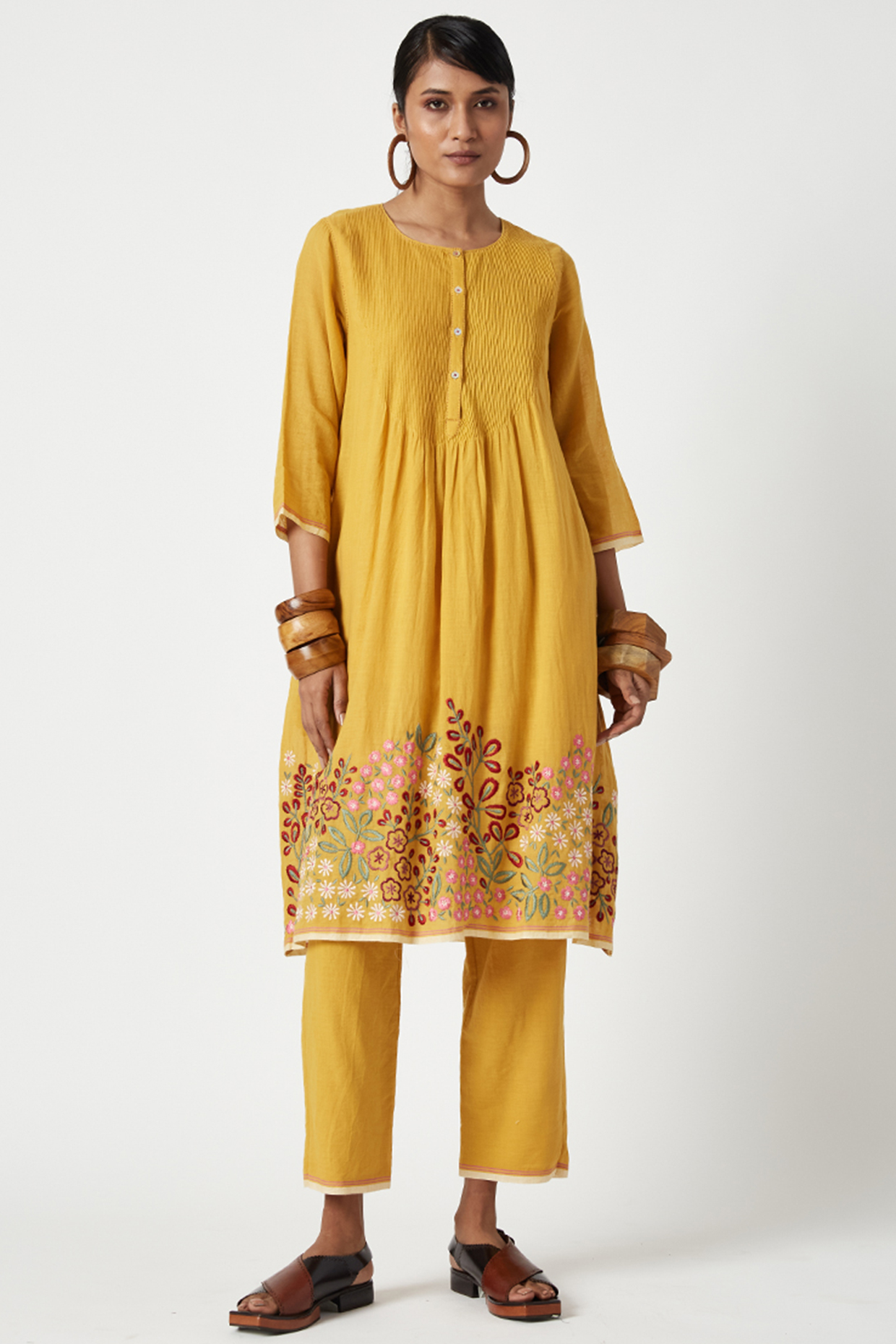 Mustard Handwoven Cotton Embroidered Tunic Set by Payal Pratap at Pernia's Pop Up Shop